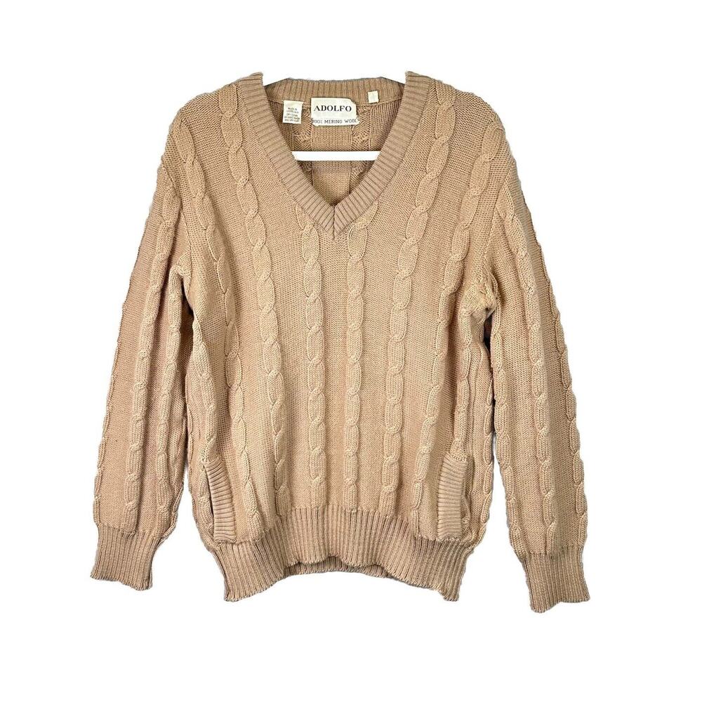 Adolfo V-Neck Sweater Men's 100% Merino Wool Cable Knit Fisherman Long Sleeve XL